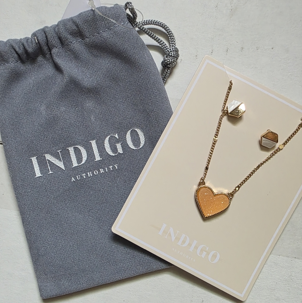 Indigo Authority Elliana Pave Heart Necklace & Earring Set Gold Tone